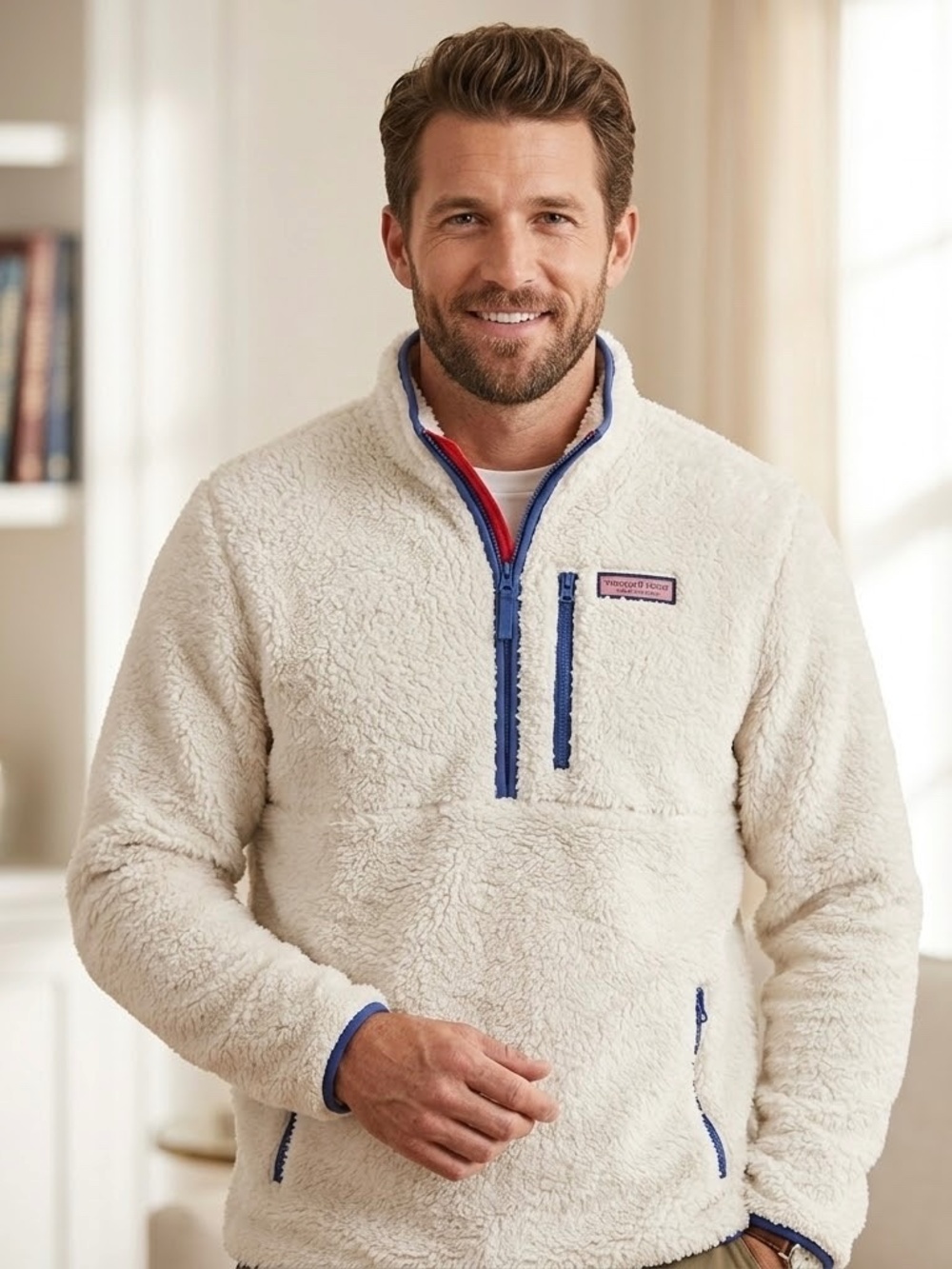 GUC Men's Vineyard Vines Sherpa Mock Neck Pullover Shirt in Ivory Size LARGE